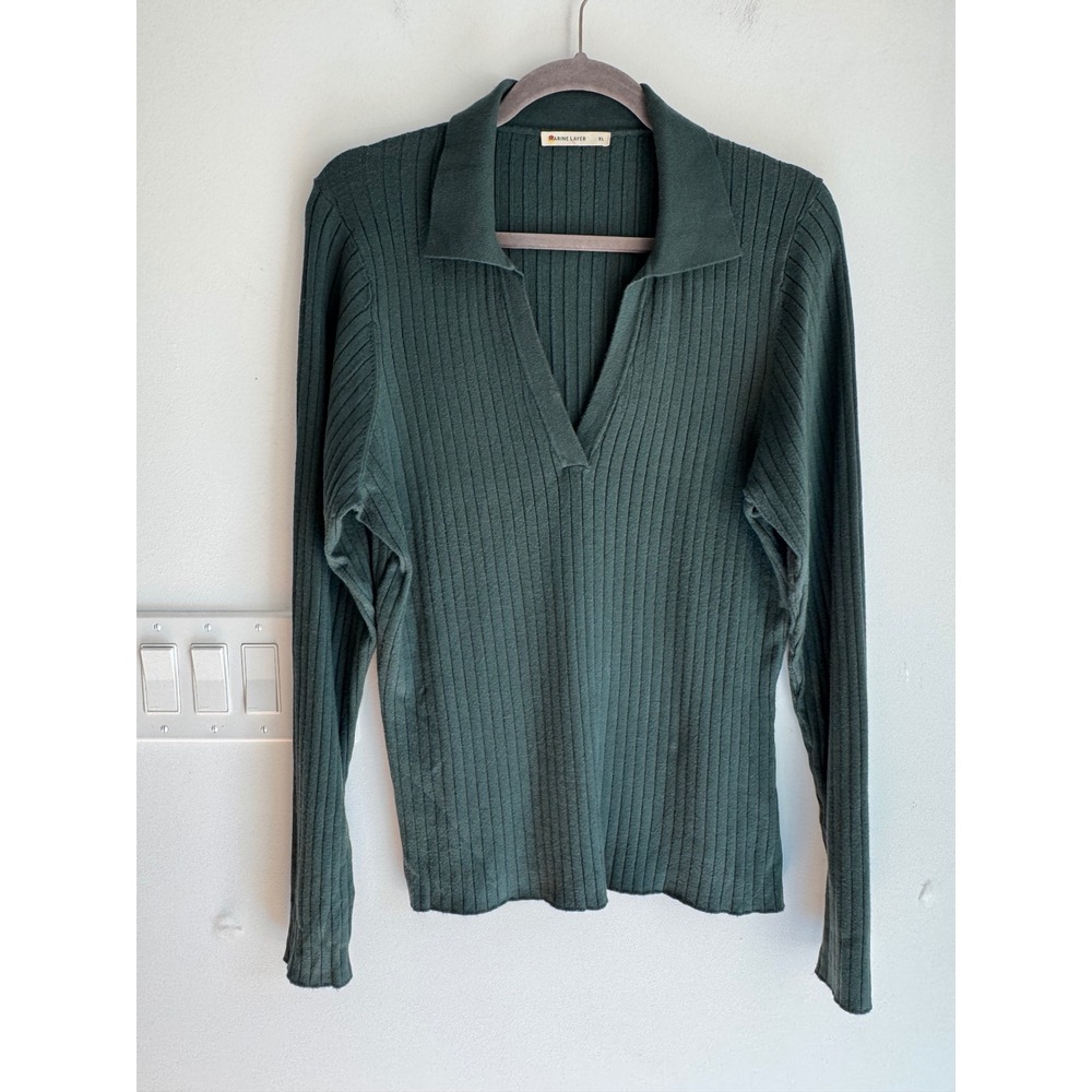 Marine Layer Green Ribbed Polo V-Neck Bamboo Blend Sweater Top XL